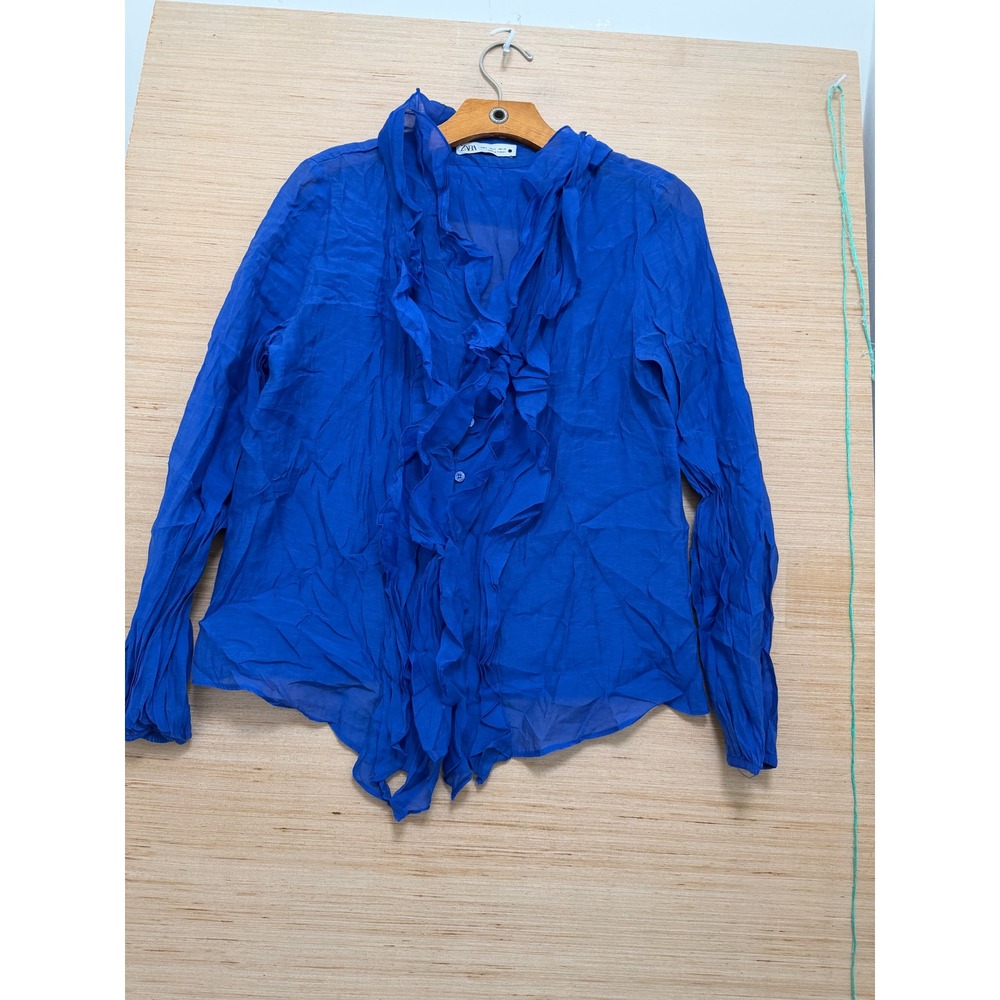 Zara Royal Blue Ruffle Front Sheer Long Sleeve Blouse Small S